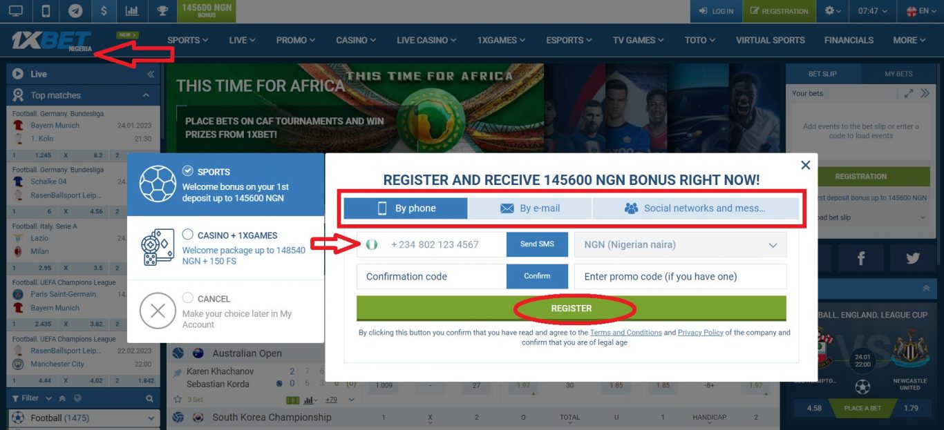 1xBet registration by phone number