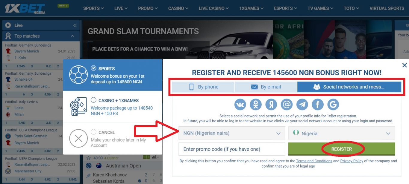 1xBet registration by social networks